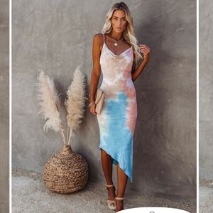 VICI VIRTUE ASYMMETRICAL TIE DYE MIDI SLIP DRESS